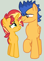 Size: 427x596 | Tagged: safe, artist:jadethepegasus, derpibooru import, flash sentry, sunset shimmer, pony, equestria girls ponified, female, flashimmer, male, ponified, shipping, straight