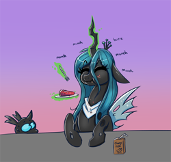 Size: 1930x1830 | Tagged: safe, artist:confetticakez, derpibooru import, queen chrysalis, oc, oc:imago, changeling, changeling queen, chocolate, chocolate milk, cute, cutealis, duo, eating, eyes closed, female, food, fork, magic, male, milk, onomatopoeia, pie, sound effects, sweat, telekinesis, want, woonoggles