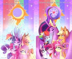 Size: 1079x882 | Tagged: safe, artist:motger-mor, derpibooru import, edit, applejack, fluttershy, pinkie pie, princess twilight 2.0, rainbow dash, rarity, twilight sparkle, twilight sparkle (alicorn), alicorn, dragon, earth pony, pegasus, pony, unicorn, the last problem, caption, curved horn, ear fluff, eyes closed, female, heart, horn, mane six, mare, moon, older, older applejack, older fluttershy, older mane six, older pinkie pie, older rainbow dash, older rarity, older twilight, one eye closed, photo, smiling, spanish description, sun, text, theme song