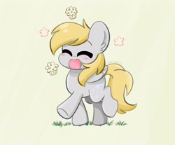 Size: 3500x2900 | Tagged: safe, artist:kittyrosie, derpibooru import, derpy hooves, pegasus, pony, blushing, cute, derpabetes, ear fluff, eyes closed, female, food, grass, green background, happy, mare, muffin, open mouth, open smile, simple background, smiling, solo, walking