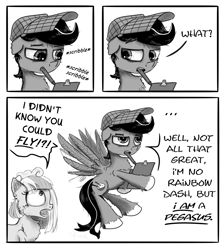 Size: 1850x2064 | Tagged: safe, artist:chopsticks, derpibooru import, oc, oc only, oc:chopsticks, oc:party confetti, earth pony, pegasus, pony, black and white, cheek fluff, chest fluff, comic, dialogue, female, flying, grayscale, hat, male, monochrome, mouth hold, pen, simple background, text, unamused, unshorn fetlocks, white background, writing