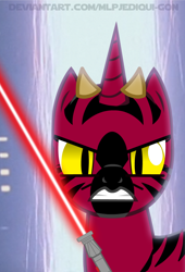Size: 732x1078 | Tagged: safe, artist:mlpjediqui-gon, derpibooru import, earth pony, zebra, angry, apprentice, darth maul, duel of the fates, gritted teeth, hate, horns, lightsaber, sith, sith lord, species swap, star wars, the phantom menace, weapon, zabrak, zebrafied