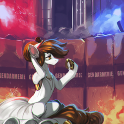 Size: 4000x4000 | Tagged: safe, artist:nsilverdraws, derpibooru import, oc, oc:espion, earth pony, pony, ballerina, golden horseshoes, jewelry, riot gear, riot police, riot shield, solo