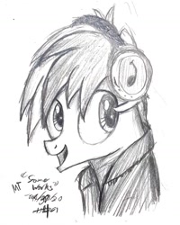 Size: 1472x1840 | Tagged: safe, artist:johnerose126, derpibooru import, sandbar, earth pony, pony, bust, clothes, headphones, male, monochrome, shirt, sketch, solo, traditional art