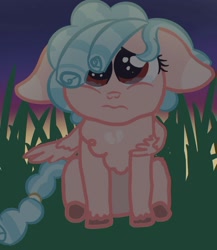 Size: 1280x1477 | Tagged: safe, artist:birbnerd17, derpibooru import, cozy glow, pegasus, pony, 1000 hours in ms paint, chest fluff, crying, female, filly, floppy ears, grass, puppy dog eyes, sad, sitting, solo, story included, unshorn fetlocks