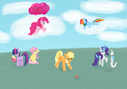 Size: 10000x7000 | Tagged: safe, artist:graphictoxin, derpibooru import, applejack, fluttershy, opalescence, pinkie pie, rainbow dash, rarity, twilight sparkle, unicorn twilight, cat, earth pony, pegasus, pony, unicorn, :<, angry, apple, balloon, book, bow, brush, cheek fluff, clothes, cloud, comb, eyes closed, female, floating, floppy ears, fluffy, fluttershy's cutie mark, flying, food, grass, happy, hat, high res, levitation, lineless, lying down, lying on a cloud, magic, mane six, mare, on a cloud, raised hoof, scared, simple background, sitting, sky, sleeping, sleeping on a cloud, smiling, telekinesis, that pony sure does love apples, then watch her balloons lift her up to the sky, white background, wings