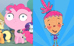 Size: 1152x718 | Tagged: safe, derpibooru import, edit, screencap, ace, applejack, carrot top, golden harvest, pinkie pie, rarity, earth pony, pony, unicorn, simple ways, balloonhead, comparison, inflatable, pink, pinky dinky doo, pinky dinky doo (character)