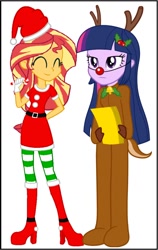 Size: 740x1168 | Tagged: safe, derpibooru import, sunset shimmer, twilight sparkle, equestria girls, animal costume, christmas, clothes, costume, holiday, reindeer costume, santa costume