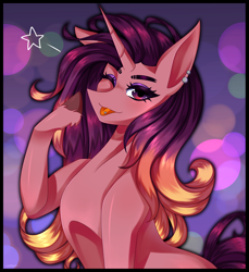 Size: 5500x6000 | Tagged: safe, artist:rainii.deiiz, derpibooru import, oc, oc:firework burst, pony, unicorn, bust, colorful background, ear piercing, earring, female, jewelry, magical lesbian spawn, mare, offspring, one eye closed, parent:sunset shimmer, parent:twilight sparkle, parents:sunsetsparkle, piercing, solo, tongue out, tongue piercing, wink