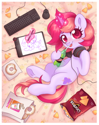 Size: 1974x2500 | Tagged: safe, artist:hawthornss, derpibooru import, oc, oc:dawnfire, mouse, pony, unicorn, bed, blushing, chips, cute, donut, doritos, drink, dunkin donuts, female, food, frog (hoof), headphones, keyboard, looking at you, lying down, magic, mare, mountain dew, prone, straw in mouth, stylus, tablet, tablet drawing, tongue out, underhoof