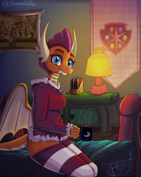 Size: 1280x1600 | Tagged: safe, artist:thedamneddarklyfox, derpibooru import, smolder, anthro, dragon, bed, bedroom, breasts, chocolate, clothes, cute, cutie mark, dragon wings, dragoness, fangs, female, food, hearth's warming, hearth's warming eve, hoodie, looking at you, mug, school of friendship, smolderbetes, socks, solo, stockings, striped socks, thigh highs, wings