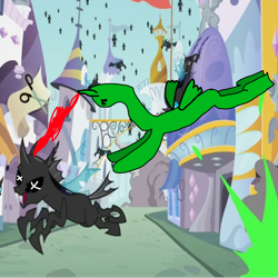 Size: 1024x1024 | Tagged: safe, anonymous artist, derpibooru import, screencap, oc, oc:phill the alicorn, alicorn, changeling, a canterlot wedding, alicorn oc, bad design, bad oc, canterlot, dead, dead changeling, flying, horn, intentionally bad, magic, parody, stylistic suck, wings