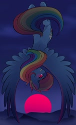 Size: 1600x2613 | Tagged: safe, artist:tillie-tmb, derpibooru import, rainbow dash, pegasus, pony, female, looking at you, looking back, looking back at you, mare, spread wings, sunset, upside down, wings