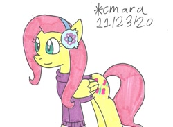 Size: 1047x767 | Tagged: safe, artist:cmara, derpibooru import, fluttershy, pegasus, pony, clothes, cute, earmuffs, female, mare, shyabetes, simple background, solo, sweater, sweatershy, traditional art, white background