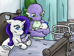 Size: 1024x768 | Tagged: safe, artist:graygrayblue, derpibooru import, rarity, spike, oc, oc:aurora starfire, oc:chariot blade, dracony, dragon, hybrid, pony, unicorn, baby, female, interspecies offspring, male, mare, newborn, offspring, older, older spike, parent:rarity, parent:spike, parents:sparity, shipping, sparity, straight