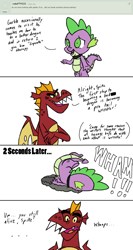 Size: 728x1365 | Tagged: safe, artist:mattcattofficial, derpibooru import, garble, spike, dragon, accidental spikeabuse, go to sleep garble, spikeabuse