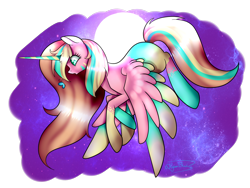 Size: 1600x1200 | Tagged: safe, artist:minelvi, derpibooru import, oc, oc only, alicorn, pony, alicorn oc, female, flying, full moon, horn, mare, moon, simple background, solo, transparent background, wings