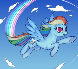 Size: 1800x1600 | Tagged: safe, artist:overthemaginot, derpibooru exclusive, derpibooru import, rainbow dash, pegasus, pony, backwards cutie mark, cloud, female, flight, flying, mare, rainbow, sky, spread wings, wings