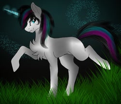 Size: 887x765 | Tagged: safe, artist:hazepages, artist:rxndxm.artist, derpibooru import, oc, oc only, oc:shooting star, pony, unicorn, base used, chest fluff, female, glowing horn, grass, horn, mare, raised hoof, solo, unicorn oc