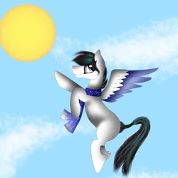 Size: 1080x1080 | Tagged: safe, artist:rxndxm.artist, derpibooru import, oc, oc only, pegasus, pony, clothes, cloud, flying, pegasus oc, scarf, smiling, solo, sun, two toned wings, wings