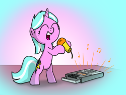 Size: 1858x1405 | Tagged: safe, artist:petirep, oc, oc only, oc:mane event, pony, unicorn, ask bronycon ponies 2013, bronycon, bronycon 2013, bronycon mascots, cassette player, female, filly, flashback, gradient background, happy, microphone, singing, solo, table, unicorn oc, younger