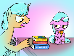 Size: 1858x1405 | Tagged: safe, artist:petirep, oc, oc only, oc:mane event, pony, unicorn, ask bronycon ponies 2013, book, bronycon, bronycon 2013, bronycon mascots, cassette player, father and child, father and daughter, female, filly, flashback, gradient background, male, microphone, parent and child, sitting, stallion, table, unicorn oc, unshorn fetlocks, younger