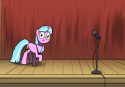 Size: 2652x1844 | Tagged: safe, artist:petirep, oc, oc only, oc:mane event, pony, unicorn, ask bronycon ponies 2013, baltimore convention center, bronycon, bronycon 2013, bronycon mascots, curtains, female, mare, microphone, microphone stand, nervous, solo, stage, stage fright, unicorn oc