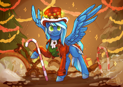 Size: 3541x2508 | Tagged: safe, artist:wonderblue, derpibooru import, oc, oc only, oc:thinker blue, pegasus, christmas, christmas lights, christmas tree, clothes, hat, holiday, pegasus oc, snow, steampunk, tree, wings