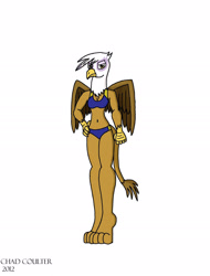 Size: 1564x2059 | Tagged: safe, artist:baroquewolfe, derpibooru import, gilda, anthro, beak, belly button, bikini, blue bikini, breasts, claws, cleavage, clothes, feather, female, glare, hand on hip, looking at you, simple background, solo, swimsuit, tail, white background, wings