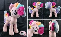 Size: 2097x1280 | Tagged: safe, artist:dixierarity, derpibooru import, oc, oc:confetti pop, pegasus, pony, bow, commission, curls, cute, female, handmade, mare, plushie, rainbow, sewing, your character here