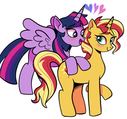 Size: 640x596 | Tagged: safe, artist:chikahu, derpibooru import, sunset shimmer, twilight sparkle, alicorn, pony, unicorn, blushing, female, floating heart, heart, lesbian, mare, shipping, sunsetsparkle