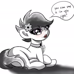 Size: 2048x2048 | Tagged: safe, artist:stammis, derpibooru import, scootaloo, pony, bimbo, bimboification, chest fluff, choker, commission, dialogue, female, flower, flower in hair, lipstick, looking at you, makeup, solo, speech bubble, talking to viewer