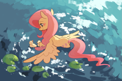 Size: 855x571 | Tagged: safe, artist:vergolophus, derpibooru import, fluttershy, bird, duck, pegasus, pony, blushing, cute, female, lilypad, mare, shyabetes, smiling, solo, spread wings, swimming, water, wings