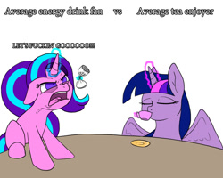 Size: 900x720 | Tagged: safe, artist:slamjam, derpibooru import, starlight glimmer, twilight sparkle, twilight sparkle (alicorn), alicorn, pony, unicorn, crushing, cup, dialogue, eyes closed, female, food, glowing horn, horn, levitation, magic, mare, meme, monster energy, open mouth, simple background, sipping, table, tea, teacup, telekinesis, text, vulgar, white background