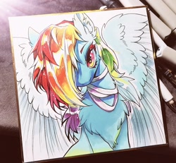 Size: 1024x948 | Tagged: safe, artist:swaybat, derpibooru import, rainbow dash, pegasus, pony, acrylic painting, chest fluff, ear fluff, female, mare, solo, spread wings, traditional art, wings