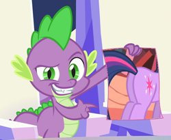 Size: 512x419 | Tagged: safe, derpibooru import, edit, screencap, spike, twilight sparkle, unicorn twilight, dragon, pony, unicorn, party of one, season 6, the crystalling, butt, claws, cropped, crystal heart, dreamworks face, fangs, female, golden oaks library, hero, male, mare, plot, poster, smiling, smug, solo, twibutt