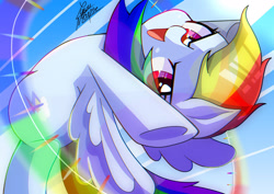 Size: 2048x1448 | Tagged: safe, artist:yuyutsuka_0130, derpibooru import, rainbow dash, pegasus, pony, flying, open mouth, sonic rainboom