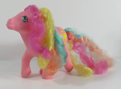 Size: 600x438 | Tagged: safe, derpibooru import, photographer:breyer600, g1, rainbow curl ponies, rainbow curl pony, simple background, stripes (g1), toy