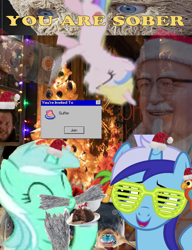 Size: 3000x3900 | Tagged: safe, derpibooru import, holly dash, lyra heartstrings, minuette, 1000 years in photoshop, absurd resolution, bachmann, beard, cake, christmas, christmas tree, colonel sanders, cringe compilation, die hard, error message, eyes closed, facial hair, female, figgy pudding, food, hat, holiday, holly, holly mistaken for mistletoe, home alone, kfc, lesbian, lyrette, moustache, noodles, santa hat, shipping, shutter shades, singing bass, text, tinsel, tree, window