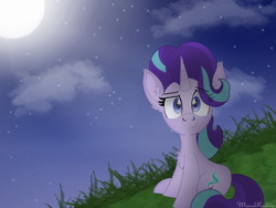 Size: 2048x1536 | Tagged: safe, artist:reziepony, derpibooru import, starlight glimmer, pony, unicorn, looking at you, moon, night, stars