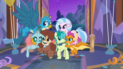 Size: 1366x768 | Tagged: safe, derpibooru import, screencap, gallus, ocellus, sandbar, silverstream, smolder, yona, changedling, changeling, classical hippogriff, dragon, earth pony, griffon, hippogriff, pony, yak, she's all yak, bow, bowtie, cloven hooves, colored hooves, cute, diaocelles, diastreamies, dragoness, female, flying, gallabetes, hair bow, jewelry, male, monkey swings, necklace, raised hoof, sandabetes, smolderbetes, spread wings, student six, teenager, wings, yonadorable