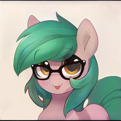 Size: 1024x1024 | Tagged: safe, artist:thisponydoesnotexist, derpibooru import, edit, editor:diego96, oc, earth pony, pony, artificial intelligence, female, glasses, green mane, neural network, simple background, solo, tongue out, unnamed oc