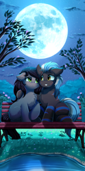 Size: 2550x5159 | Tagged: safe, artist:pridark, oc, oc only, pony, absurd resolution, bench, chest fluff, commission, duo, full moon, pond, smiling, tree