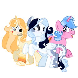 Size: 800x800 | Tagged: safe, artist:daylightsketch, derpibooru import, oc, oc only, oc:banana, oc:daylight sketch, oc:skya, alicorn, pony, unicorn, 2021 community collab, alicorn oc, derpibooru community collaboration, female, happy, horn, male, mare, rearing, simple background, stallion, standing, transparent background, wings