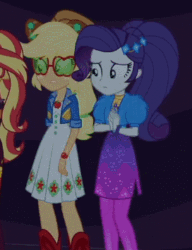 Size: 272x355 | Tagged: safe, derpibooru import, screencap, applejack, rarity, sunset shimmer, better together, equestria girls, sunset's backstage pass!, animated, cropped, cute, female, geode of shielding, gif, magical geodes, music festival outfit, shipping fuel