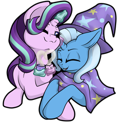 Size: 2971x2972 | Tagged: safe, artist:gleamydreams, derpibooru import, starlight glimmer, trixie, pony, unicorn, blanket, cape, clothes, female, hat, lesbian, mare, shipping, simple background, transparent background, trixie's cape, trixie's hat