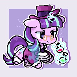 Size: 2048x2048 | Tagged: safe, artist:epic_gamerpone, derpibooru import, snowfall frost, starlight glimmer, pony, unicorn, clothes, glasses, glowing horn, hat, horn, pixel art, potion, solo, top hat