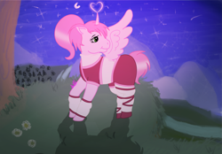 Size: 2997x2080 | Tagged: safe, artist:guruyunus17, derpibooru exclusive, derpibooru import, alicorn, pony, g1, aelita schaeffer, base used, clothes, code lyoko, cute, female, flower, heart eyes, heart lights, light, mare, moon, mountain, night, ponified, smiling, solo, tree, wingding eyes