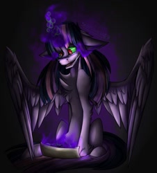 Size: 1024x1134 | Tagged: safe, artist:starsketchmeh, derpibooru import, twilight sparkle, twilight sparkle (alicorn), alicorn, pony, blood, corrupted twilight sparkle, dark magic, glowing horn, gray background, horn, letter, magic, nosebleed, photo, redraw, scroll, simple background, solo, sombra eyes, teary eyes