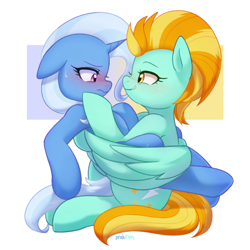 Size: 4113x4115 | Tagged: safe, artist:maren, derpibooru import, lightning dust, trixie, pegasus, unicorn, blushing, commission, crack shipping, cute, female, horn, lesbian, looking at each other, shipping, simple background, trixiedust, white background, wings